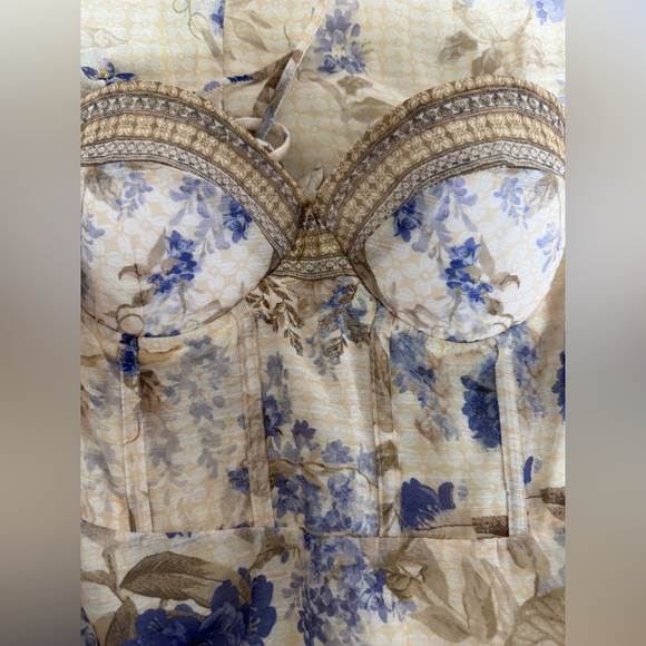 Designer-Style Floral Picnic Blue and Cream Midi Dress with Tie Straps - Picture 4 of 12